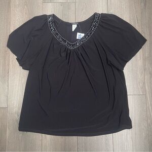 Plus size beaded vneck line flowy short sleeve top all black size 3x